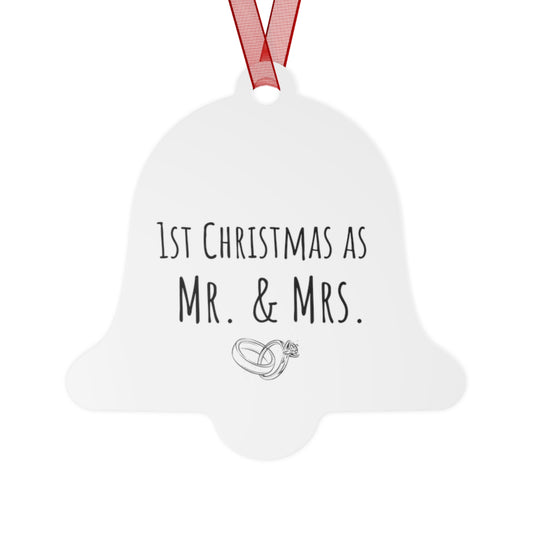 1st Christmas as Mr. & Mrs. Ornament – Bell-Shaped Keepsake for Newlyweds – Holiday Decoration for Couple's First Christmas Together – Durable, Glossy White Aluminum with Red Ribbon