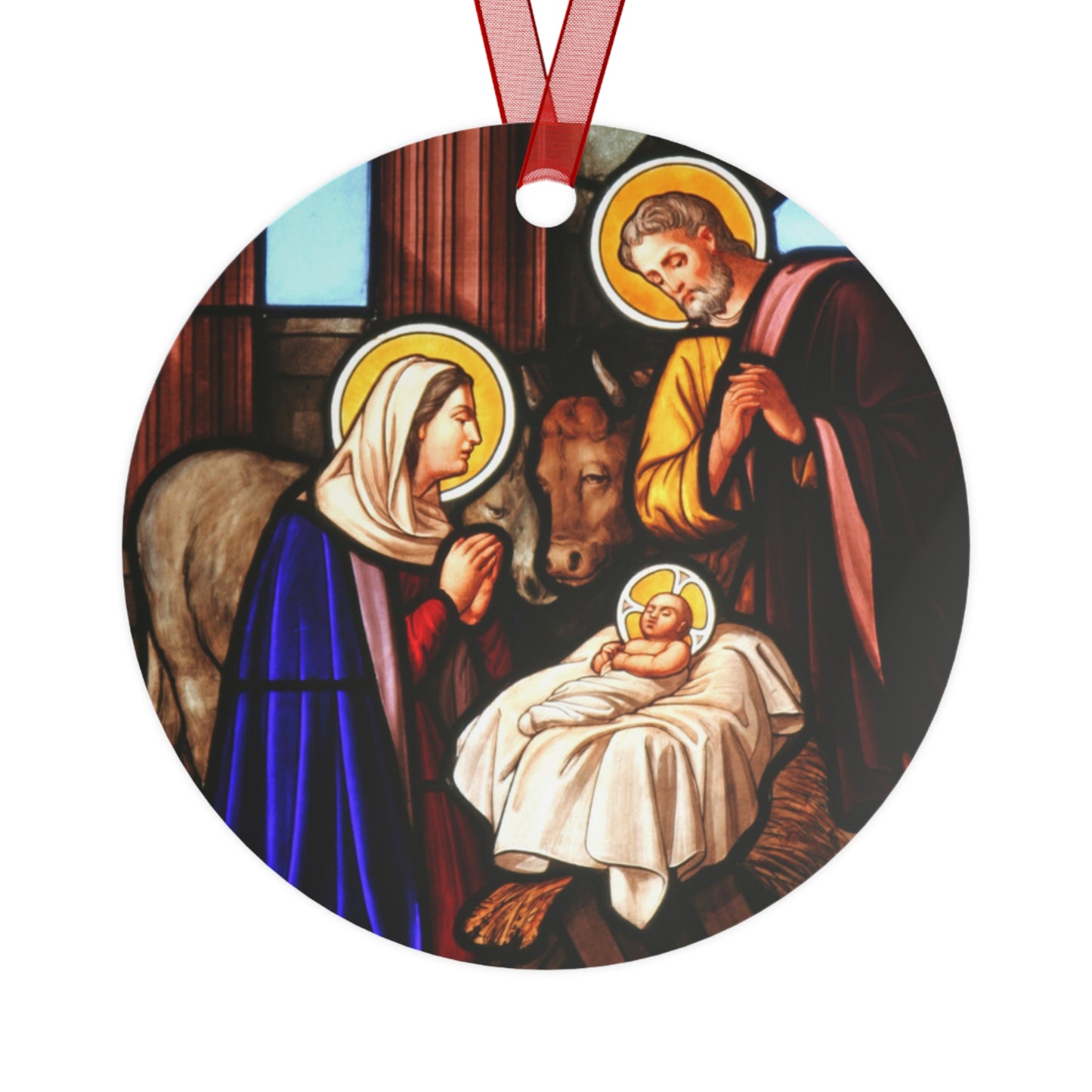 Classic Nativity Scene Metal Ornament – Oval or Round Shape, Double-Sided Glossy Finish, Durable Aluminum Holiday Decoration with Red Ribbon for Christmas Tree – Gift Ready