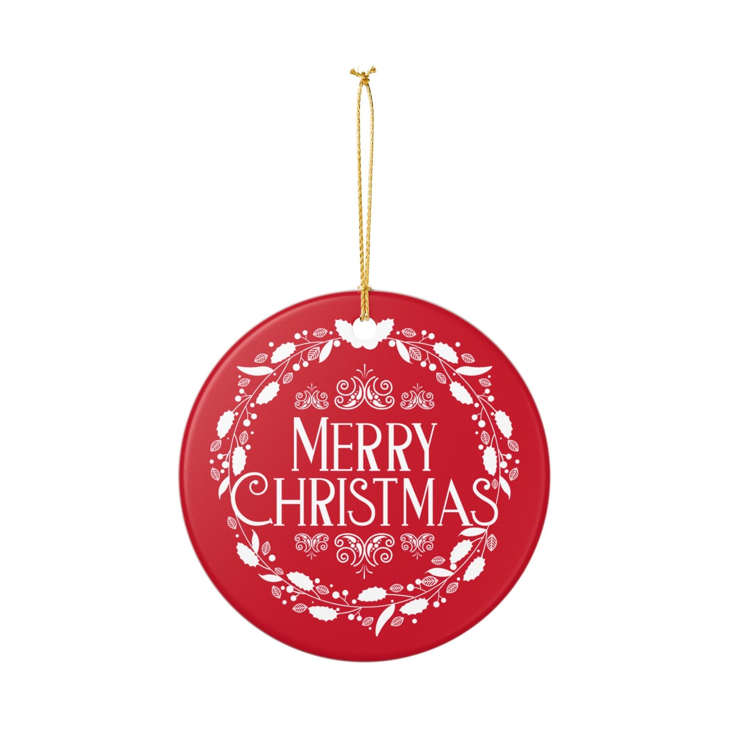 Merry Christmas Ceramic Ornament – Elegant Holiday Décor with Gold Hanging String, Round Glossy Red Wreath Design, Ideal for Tree, Mantel, or Gift