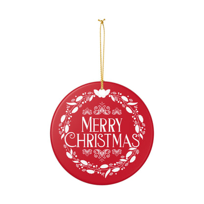 Merry Christmas Ceramic Ornament – Elegant Holiday Décor with Gold Hanging String, Round Glossy Red Wreath Design, Ideal for Tree, Mantel, or Gift