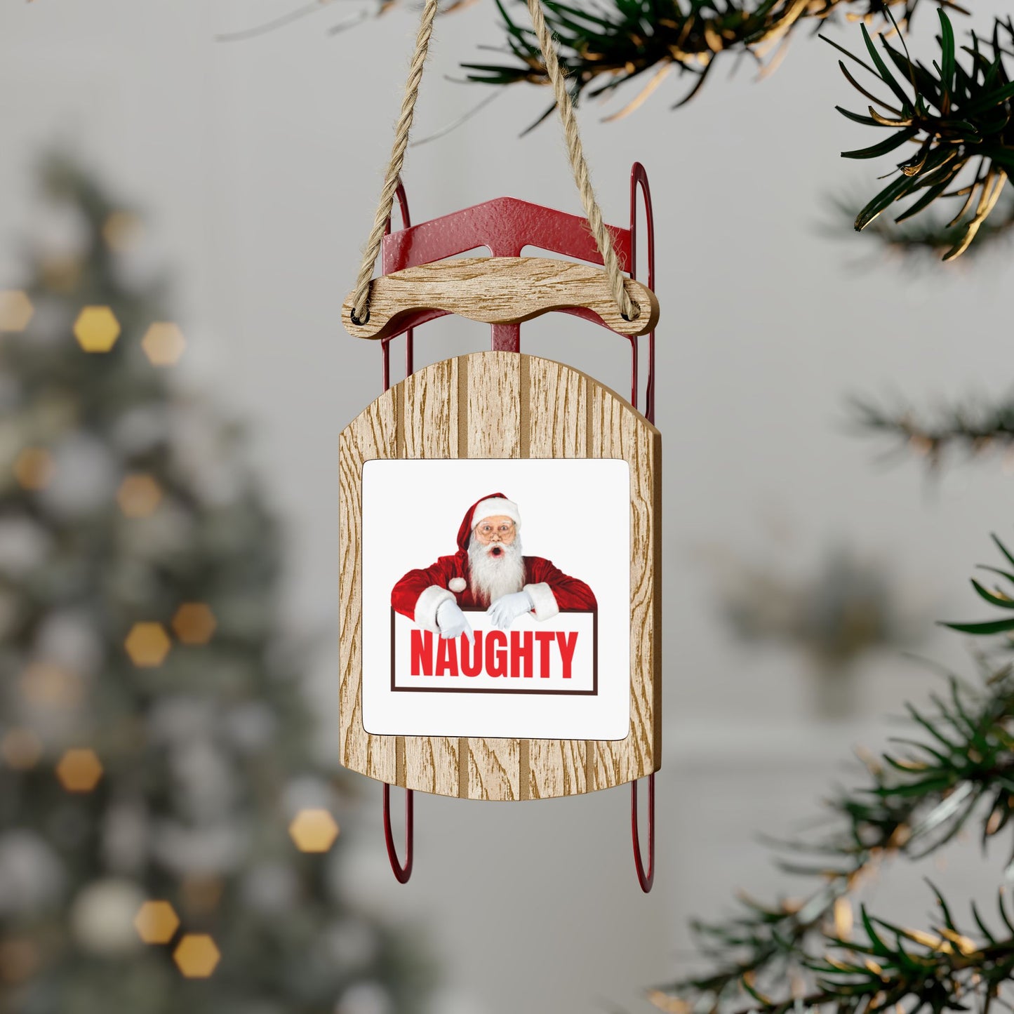 Funny Santa “Naughty” Sled Christmas Ornament – Rustic Wooden Holiday Decoration Gift for Him or Her