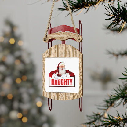 Funny Santa “Naughty” Sled Christmas Ornament – Rustic Wooden Holiday Decoration Gift for Him or Her