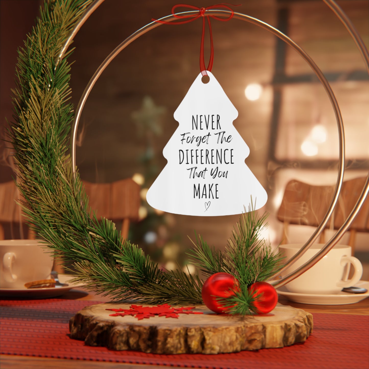 Never Forget The Difference You Make Bell Ornament | Inspirational Gift for Her | Motivational Metal Christmas Ornament | Heartfelt Holiday Decoration with Red Ribbon