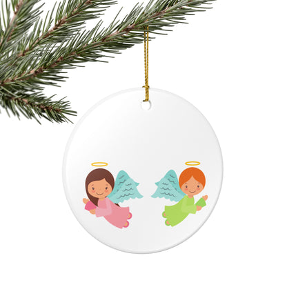Angel Christmas Ornament - Cute Pink & Green Ceramic Holiday Decoration for Kids, Baby's First Christmas Gift, Kids Christmas Tree Ornament with Gold String