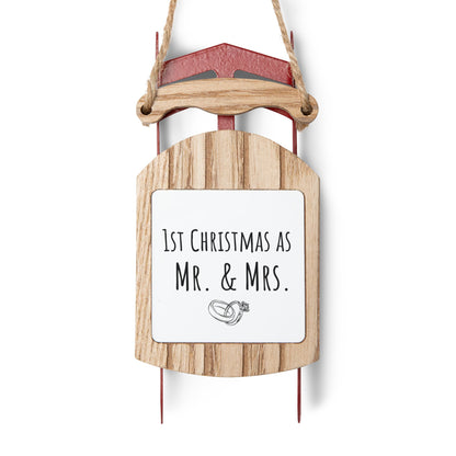 1st Christmas as Mr. & Mrs. Sled Ornament – Wooden Keepsake for Newlyweds – Holiday Decor with Twine Hanging Thread