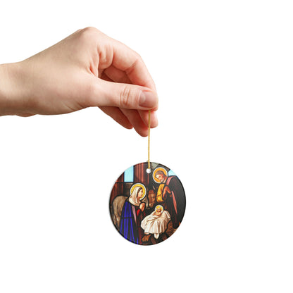 Nativity Scene Ceramic Ornament - Stained Glass Style Christmas Decoration with Gold String - UV-Printed, Durable, Single-Sided, 2.8 Inch