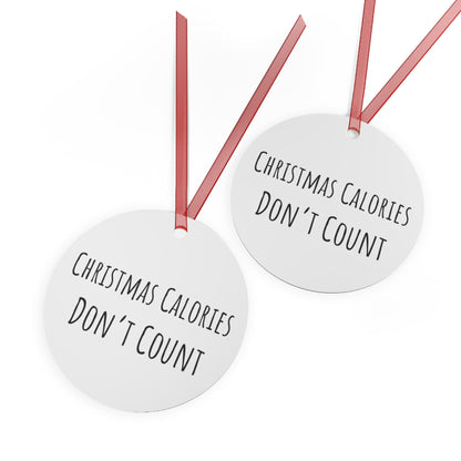 Christmas Calories Don’t Count Bell Ornament – Playful Holiday Decor – Glossy White Aluminum with Red Ribbon, Perfect for Tree or Garland