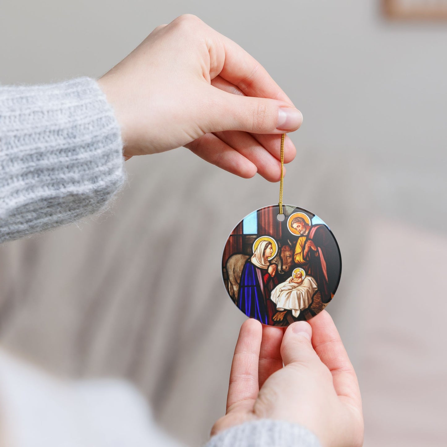 Nativity Scene Ceramic Ornament - Stained Glass Style Christmas Decoration with Gold String - UV-Printed, Durable, Single-Sided, 2.8 Inch