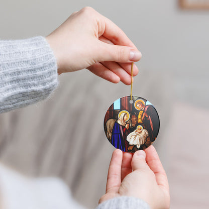 Nativity Scene Ceramic Ornament - Stained Glass Style Christmas Decoration with Gold String - UV-Printed, Durable, Single-Sided, 2.8 Inch