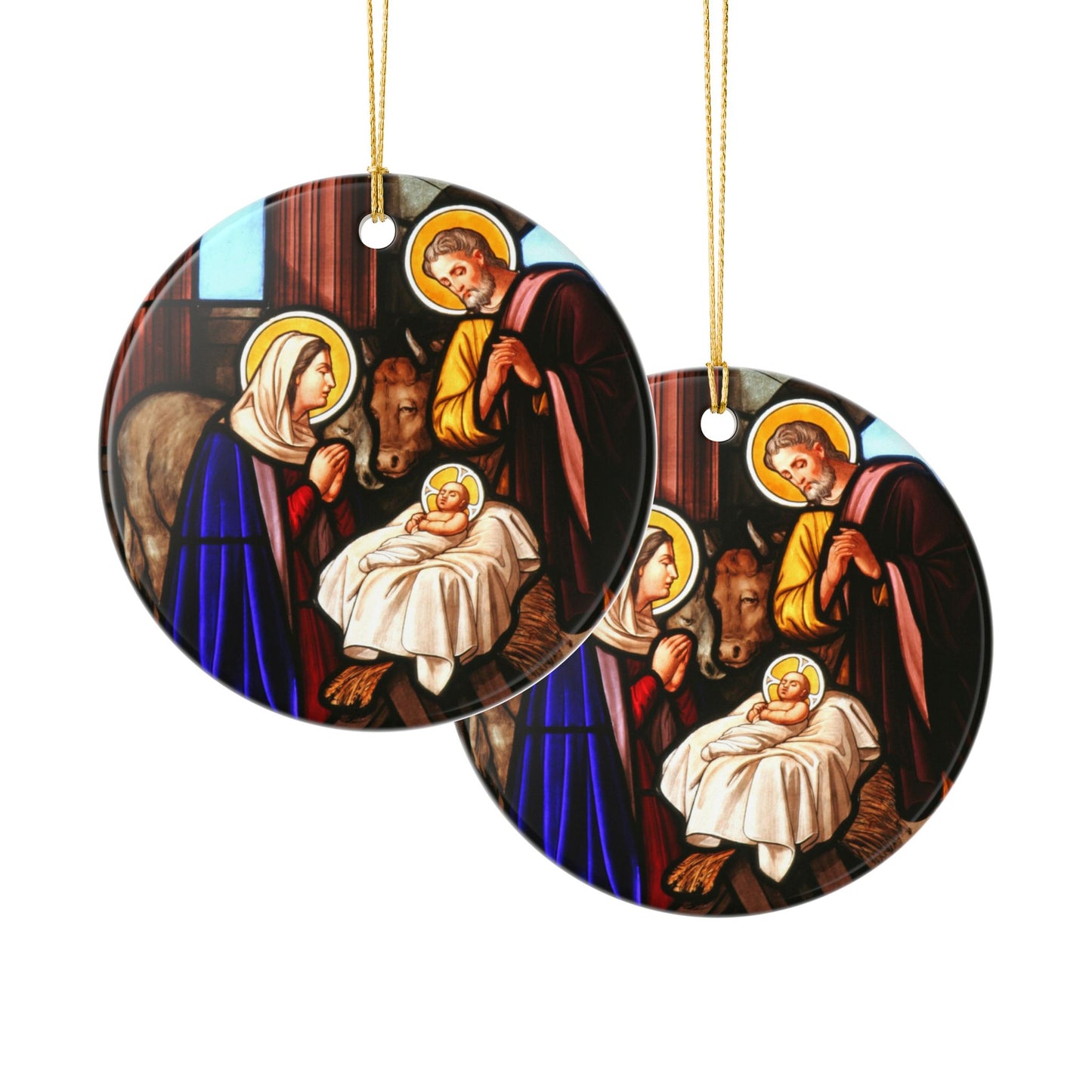 Nativity Scene Ceramic Ornament - Stained Glass Style Christmas Decoration with Gold String - UV-Printed, Durable, Single-Sided, 2.8 Inch
