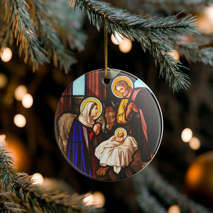 Nativity Scene Ceramic Ornament - Stained Glass Style Christmas Decoration with Gold String - UV-Printed, Durable, Single-Sided, 2.8 Inch