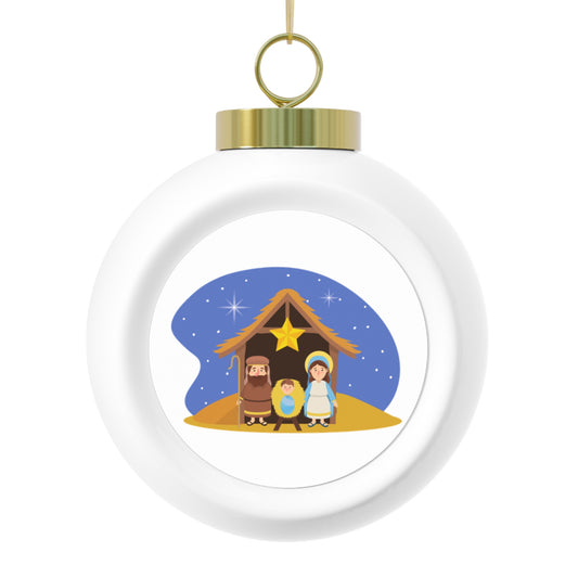 Vintage Nativity Christmas Ornament, Glossy Ceramic Bauble with Starlit Scene, Poinsettia & Candle Artwork, Perfect for Holiday Tree Decoration, 2.5" × 3"