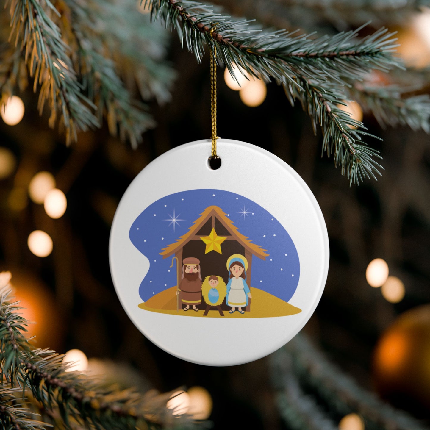 Nativity Scene Christmas Ceramic Ornament - Mary, Joseph & Baby Jesus - White Glossy Holiday Tree Decoration with Golden Hanging String