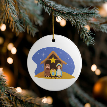 Nativity Scene Christmas Ceramic Ornament - Mary, Joseph & Baby Jesus - White Glossy Holiday Tree Decoration with Golden Hanging String