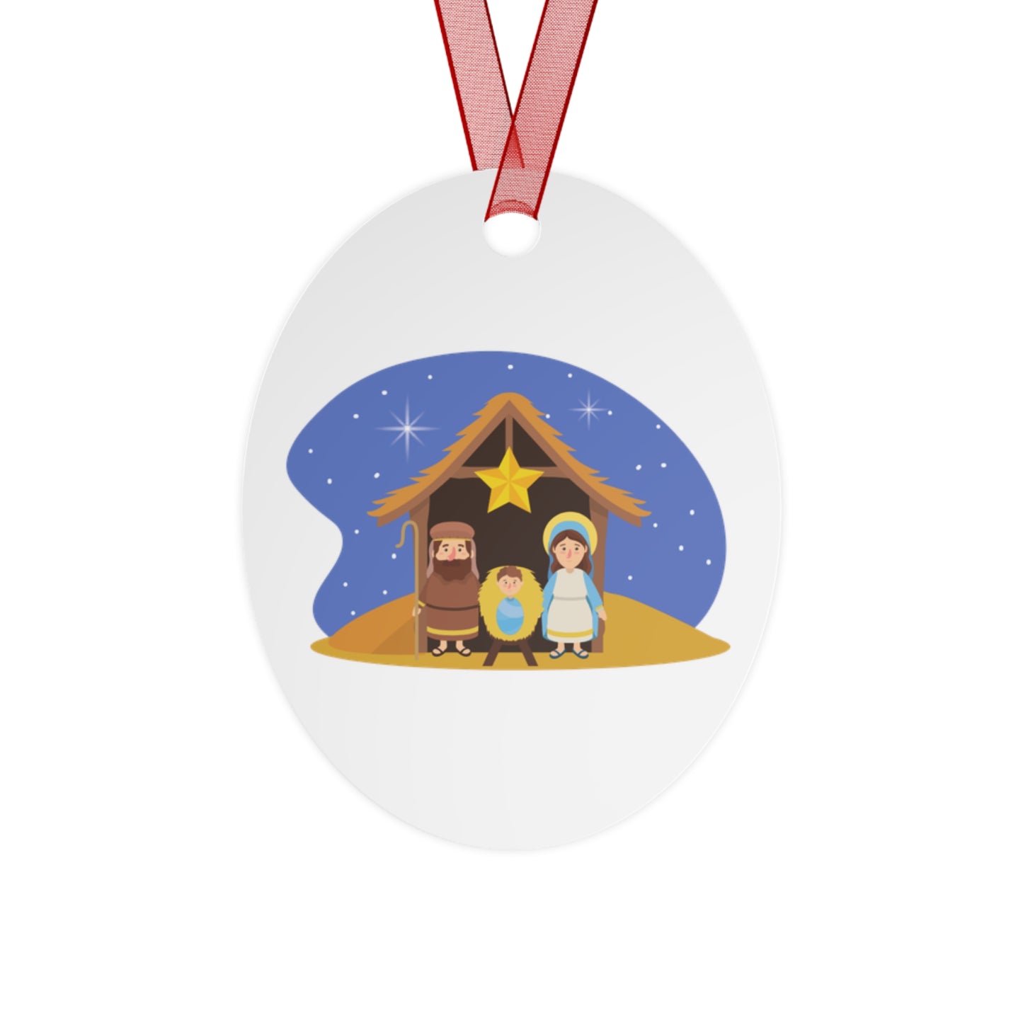 Nativity Scene Metal Christmas Ornament – Double-Sided Glossy Aluminum Holiday Décor with Red Ribbon