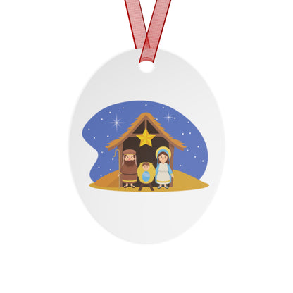 Nativity Scene Metal Christmas Ornament – Double-Sided Glossy Aluminum Holiday Décor with Red Ribbon