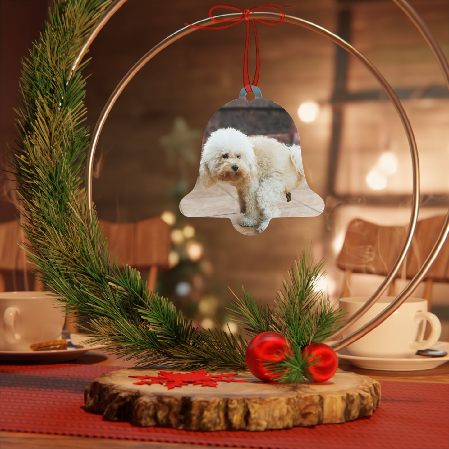 Funny Pooping Dog Bell-Shaped Ornament – Hilarious Pet Lover Christmas Decor – Metal Holiday Keepsake with Red Ribbon (Durable Aluminum, Double-Sided Printing)