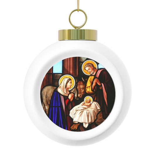 Vintage Nativity Scene Ceramic Christmas Ornament – Glossy White Ball with Poinsettia & Candle Wreath, Gold Ribbon, High-Resolution Print, 2.5" x 3" Holiday Decoration
