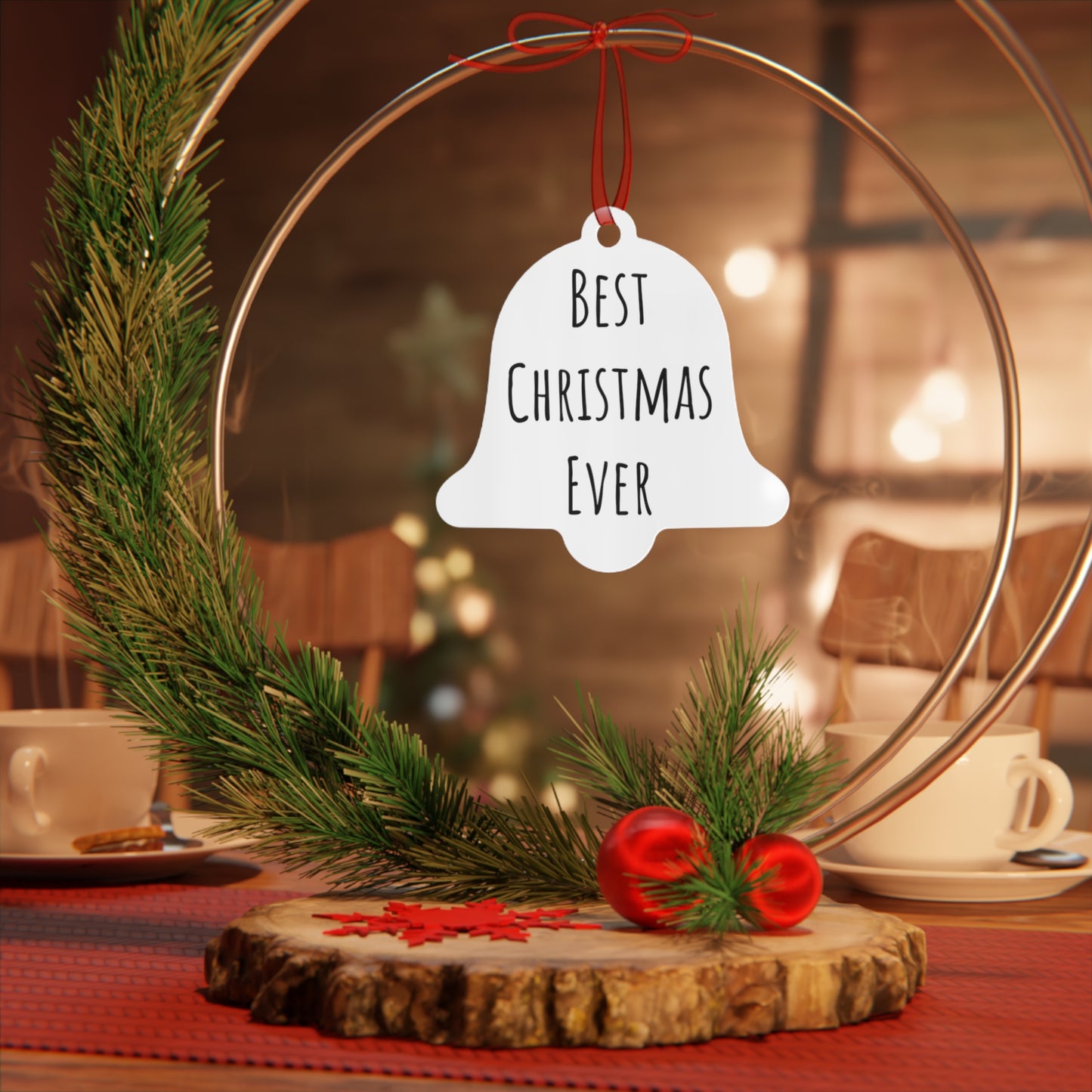 Best Christmas Ever Bell Ornament - Handcrafted Gloss White Aluminum Holiday Decor with Red Ribbon, Durable & Vibrant, Perfect for Tree, Gift, or Home Decoration