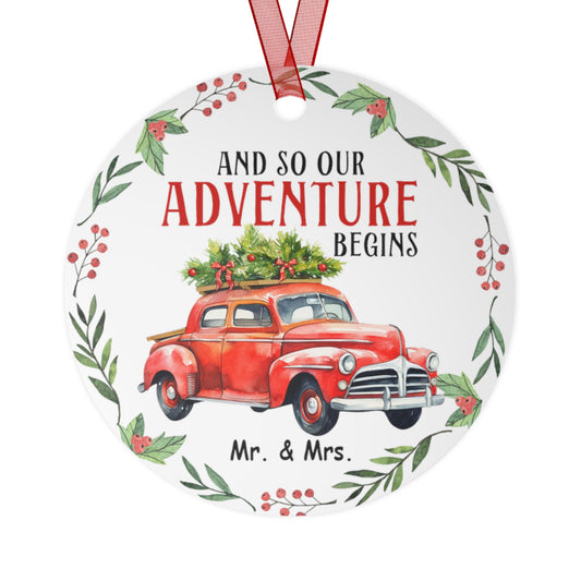 "And So Our Adventure Begins" Metal Christmas Ornament – Red Pickup Truck with Tree – Perfect Gift for Newlyweds, Couples, and Holiday Lovers