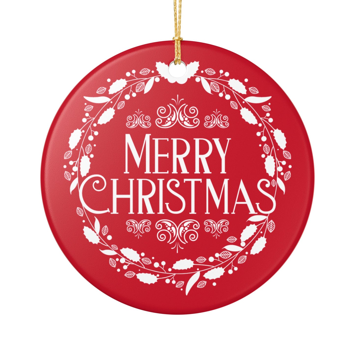 Merry Christmas Ceramic Ornament – Elegant Holiday Décor with Gold Hanging String, Round Glossy Red Wreath Design, Ideal for Tree, Mantel, or Gift