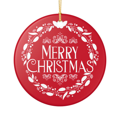 Merry Christmas Ceramic Ornament – Elegant Holiday Décor with Gold Hanging String, Round Glossy Red Wreath Design, Ideal for Tree, Mantel, or Gift