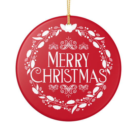 Merry Christmas Ceramic Ornament – Elegant Holiday Décor with Gold Hanging String, Round Glossy Red Wreath Design, Ideal for Tree, Mantel, or Gift