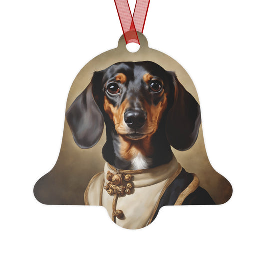 Dachshund Bell Ornament – Vintage Dog Portrait on Glossy Metal, Perfect for Christmas Tree or Gift, Scratch-Resistant with Red Ribbon (Single)