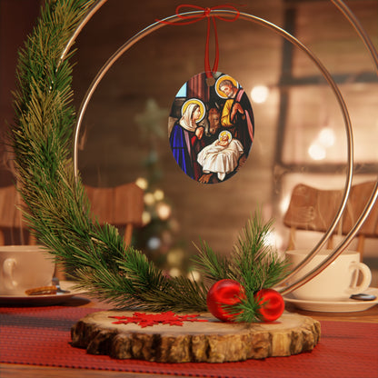 Classic Nativity Scene Metal Ornament – Oval or Round Shape, Double-Sided Glossy Finish, Durable Aluminum Holiday Decoration with Red Ribbon for Christmas Tree – Gift Ready