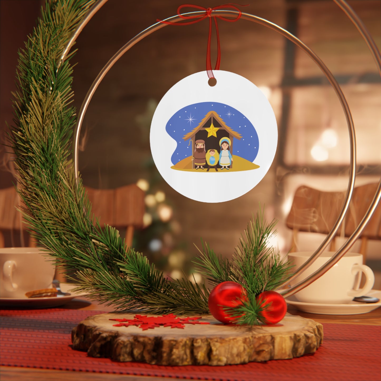 Nativity Scene Metal Christmas Ornament – Double-Sided Glossy Aluminum Holiday Décor with Red Ribbon