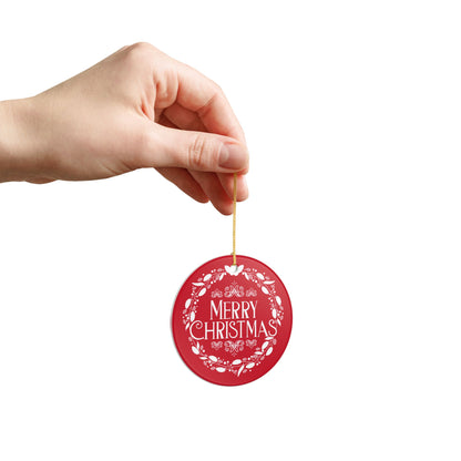 Merry Christmas Ceramic Ornament – Elegant Holiday Décor with Gold Hanging String, Round Glossy Red Wreath Design, Ideal for Tree, Mantel, or Gift
