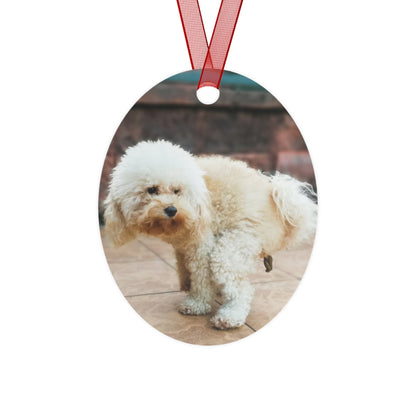 Funny Pooping Dog Bell-Shaped Ornament – Hilarious Pet Lover Christmas Decor – Metal Holiday Keepsake with Red Ribbon (Durable Aluminum, Double-Sided Printing)