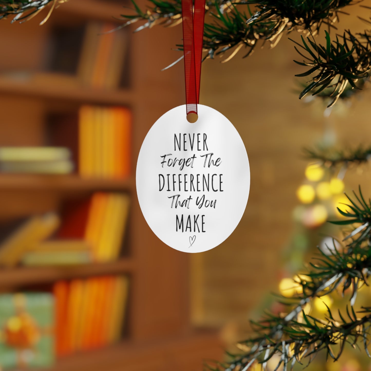 Never Forget The Difference You Make Bell Ornament | Inspirational Gift for Her | Motivational Metal Christmas Ornament | Heartfelt Holiday Decoration with Red Ribbon