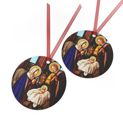 Classic Nativity Scene Metal Ornament – Oval or Round Shape, Double-Sided Glossy Finish, Durable Aluminum Holiday Decoration with Red Ribbon for Christmas Tree – Gift Ready