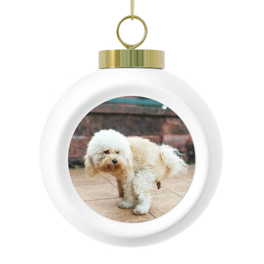 Funny Pooping Dog Christmas Ornament - Hilarious Ceramic Holiday Decoration with Vintage Motif, Gold Ribbon, and Nostalgic Back Detail