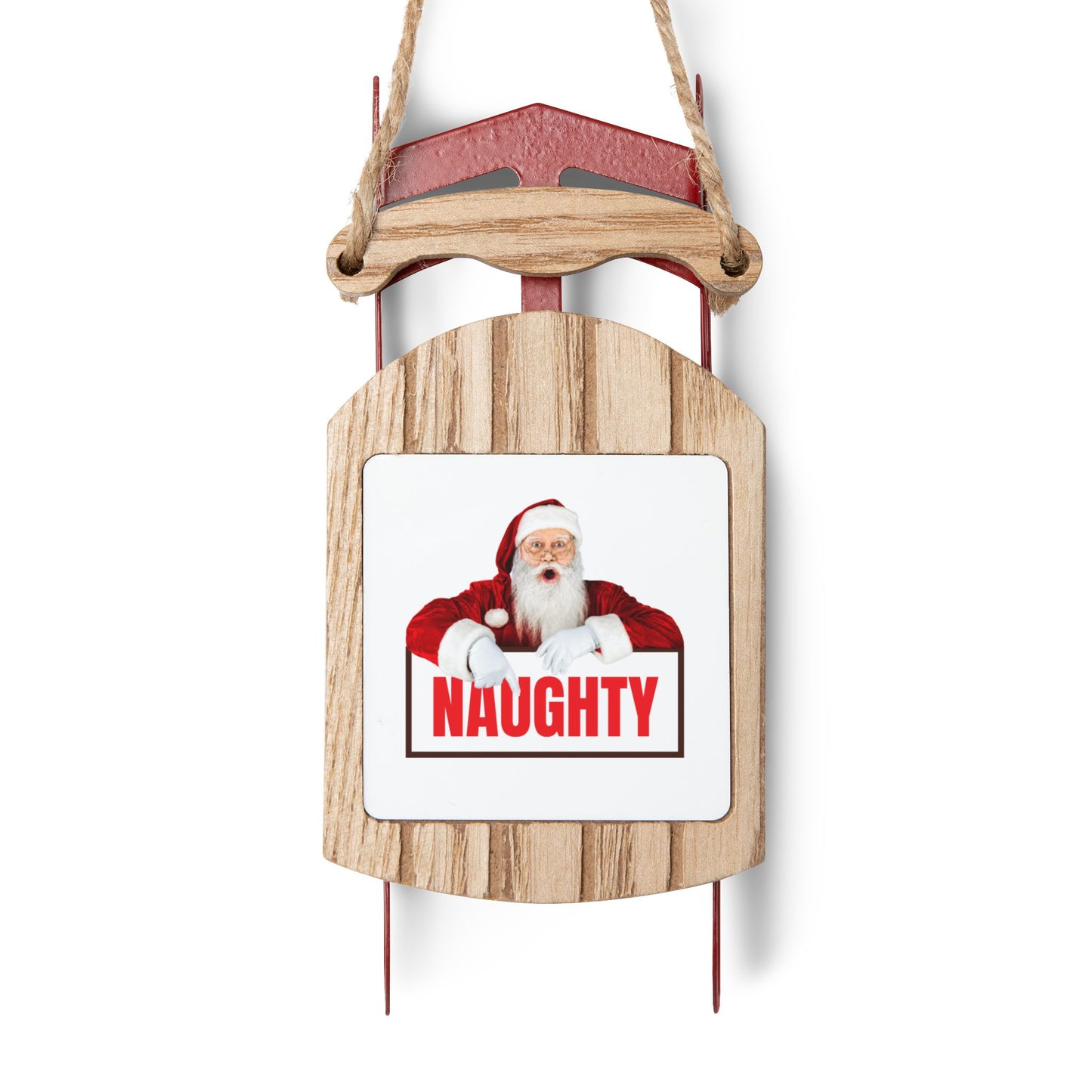 Funny Santa “Naughty” Sled Christmas Ornament – Rustic Wooden Holiday Decoration Gift for Him or Her
