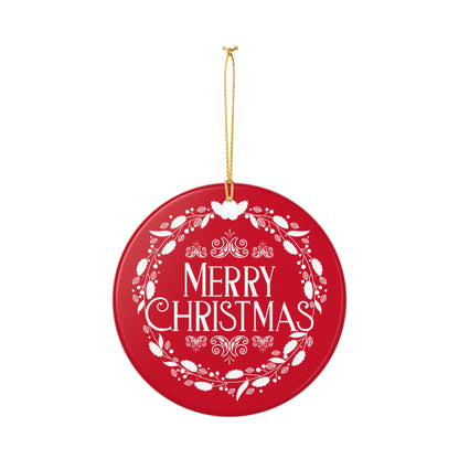 Merry Christmas Ceramic Ornament – Elegant Holiday Décor with Gold Hanging String, Round Glossy Red Wreath Design, Ideal for Tree, Mantel, or Gift