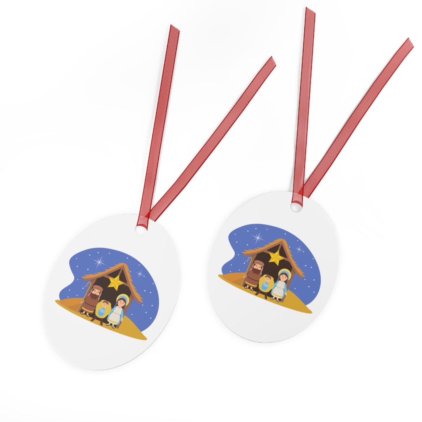Nativity Scene Metal Christmas Ornament – Double-Sided Glossy Aluminum Holiday Décor with Red Ribbon