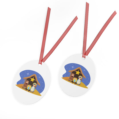 Nativity Scene Metal Christmas Ornament – Double-Sided Glossy Aluminum Holiday Décor with Red Ribbon