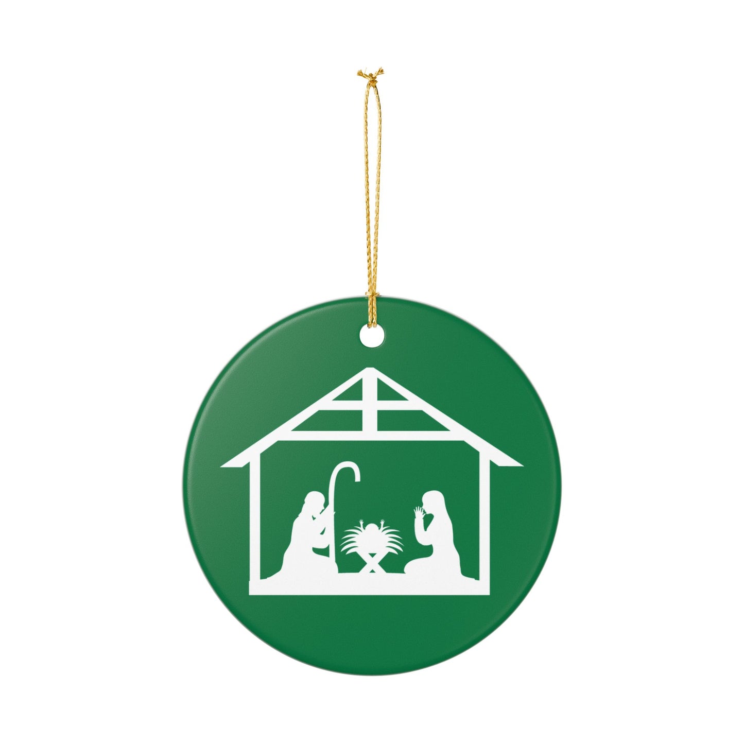 Ceramic Nativity Ornament – Green Holiday Decoration with Mary, Joseph & Manger Design, Glossy Ceramic, Includes Gold Hanging String