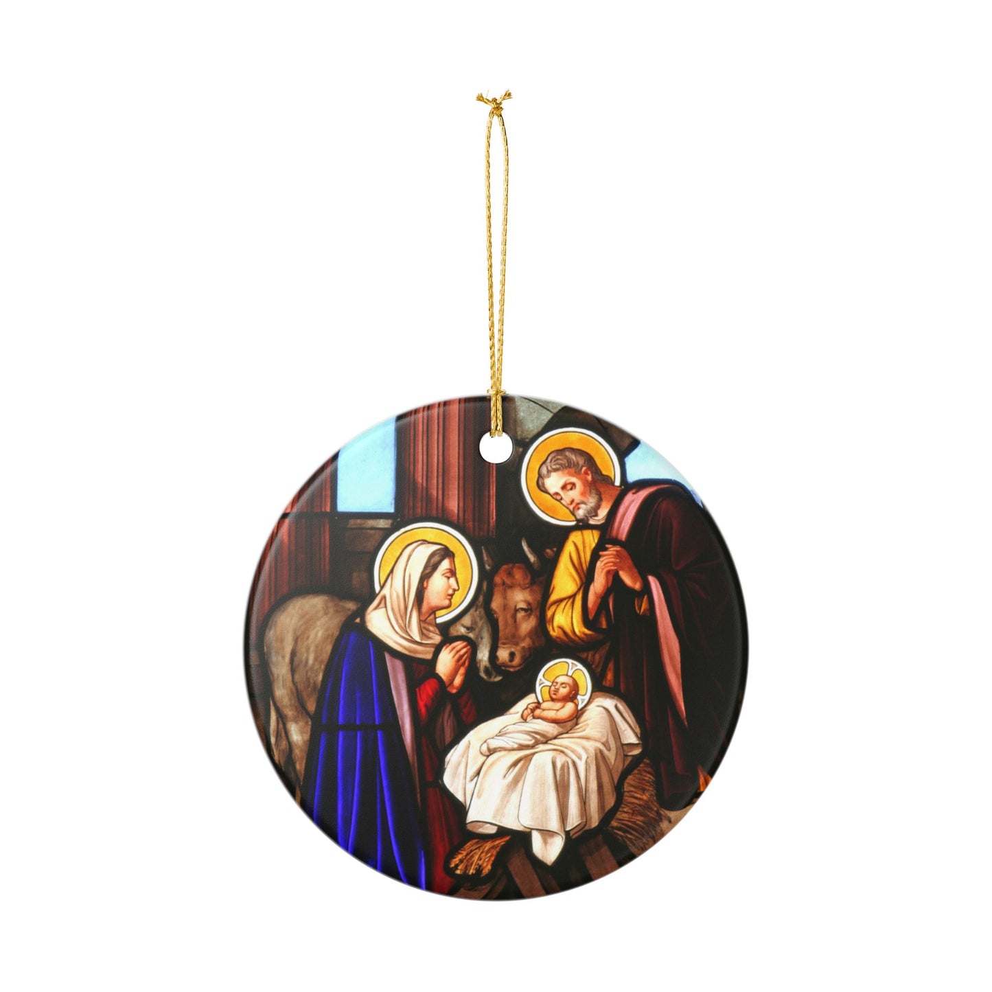 Nativity Scene Ceramic Ornament - Stained Glass Style Christmas Decoration with Gold String - UV-Printed, Durable, Single-Sided, 2.8 Inch