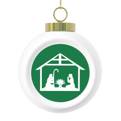 Vintage Ceramic Nativity Ornament – Glossy Christmas Ball with Gold Ribbon & Hanging Loop, 2.5" x 3"