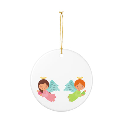 Angel Christmas Ornament - Cute Pink & Green Ceramic Holiday Decoration for Kids, Baby's First Christmas Gift, Kids Christmas Tree Ornament with Gold String