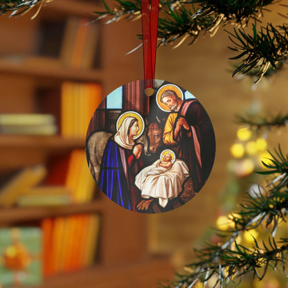 Classic Nativity Scene Metal Ornament – Oval or Round Shape, Double-Sided Glossy Finish, Durable Aluminum Holiday Decoration with Red Ribbon for Christmas Tree – Gift Ready