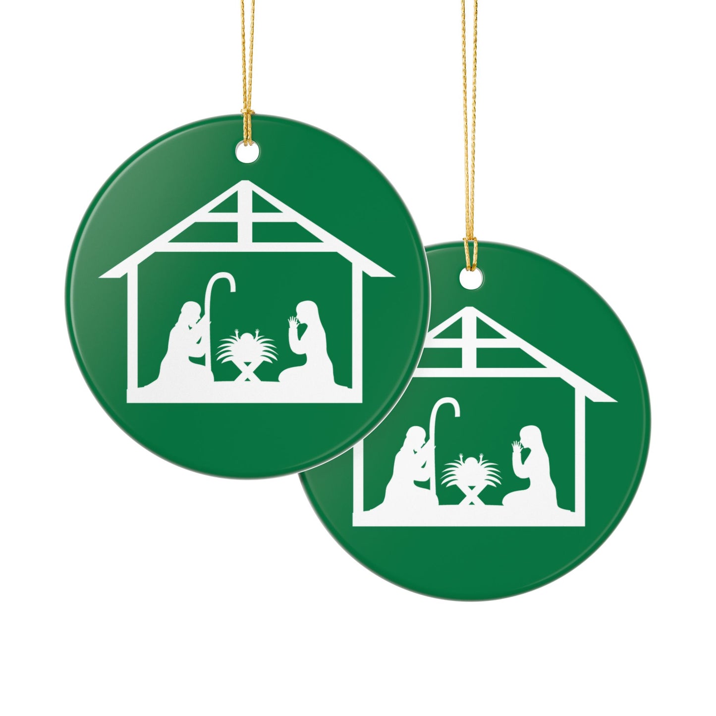 Ceramic Nativity Ornament – Green Holiday Decoration with Mary, Joseph & Manger Design, Glossy Ceramic, Includes Gold Hanging String