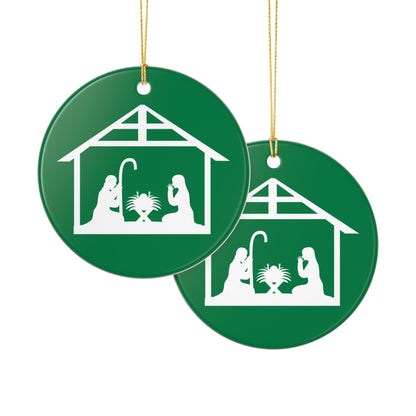 Ceramic Nativity Ornament – Green Holiday Decoration with Mary, Joseph & Manger Design, Glossy Ceramic, Includes Gold Hanging String