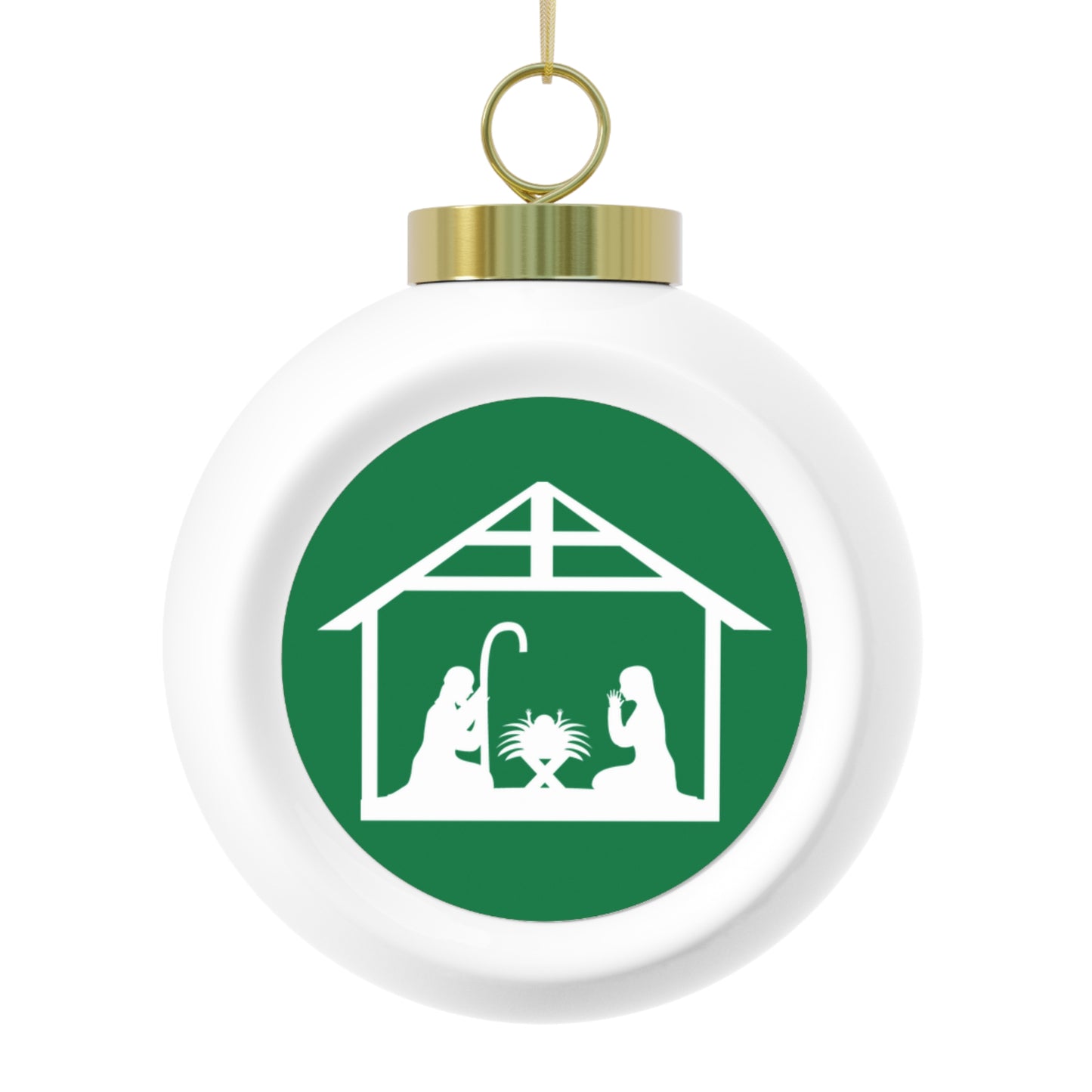 Vintage Ceramic Nativity Ornament – Glossy Christmas Ball with Gold Ribbon & Hanging Loop, 2.5" x 3"