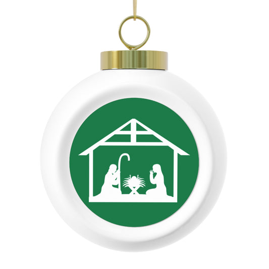 Vintage Ceramic Nativity Ornament – Glossy Christmas Ball with Gold Ribbon & Hanging Loop, 2.5" x 3"