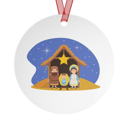 Nativity Scene Metal Christmas Ornament – Double-Sided Glossy Aluminum Holiday Décor with Red Ribbon