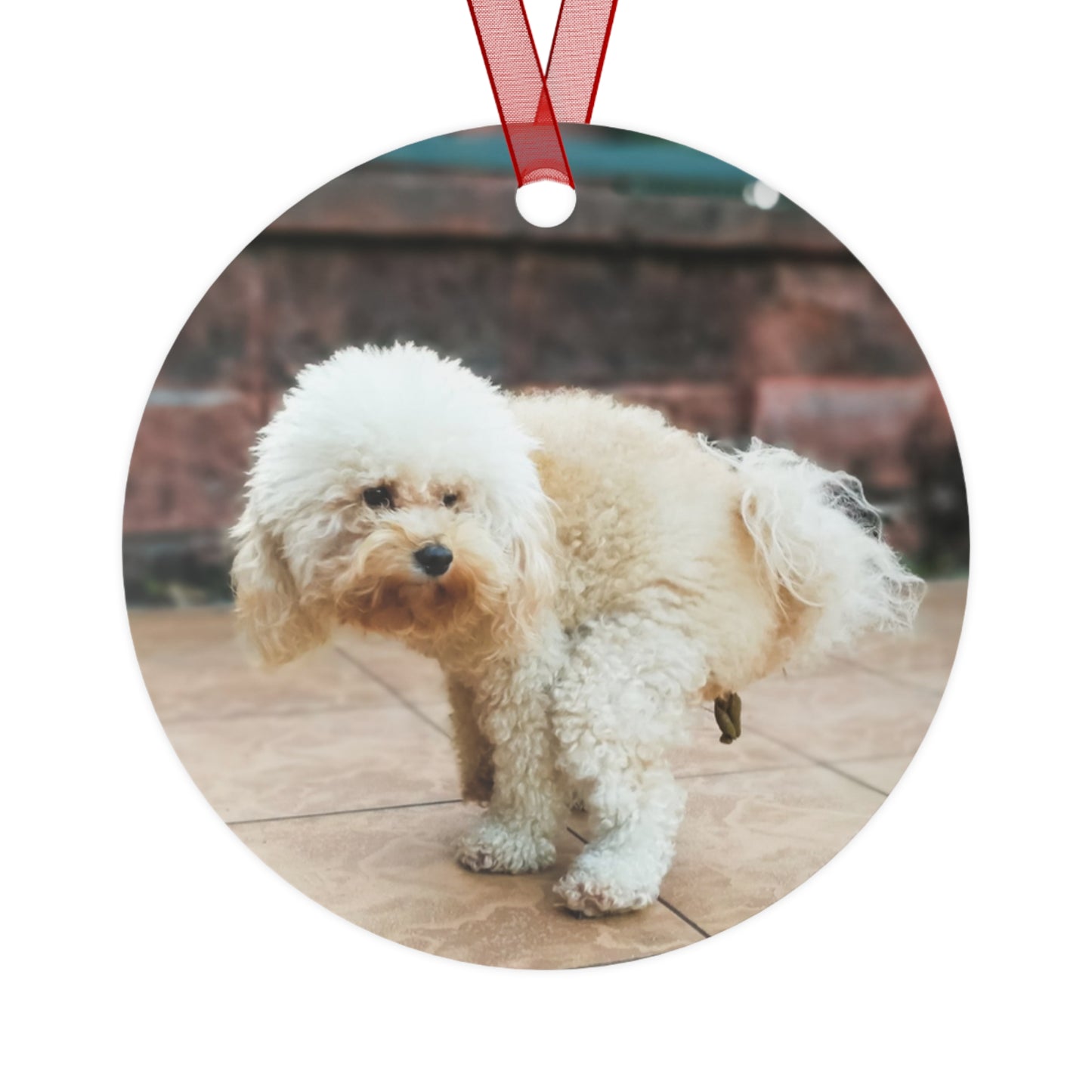 Funny Pooping Dog Bell-Shaped Ornament – Hilarious Pet Lover Christmas Decor – Metal Holiday Keepsake with Red Ribbon (Durable Aluminum, Double-Sided Printing)